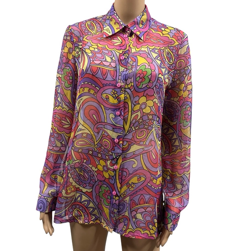 Donna Gray Colorful Sheer Button Up Long Sleeve Point Collared Blouse Shirt M